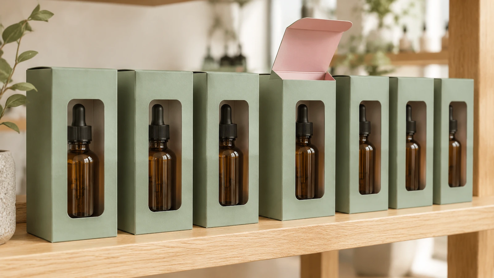 Row of window-patch folding cartons standing face-out on a retail shelf with uninterrupted front panels