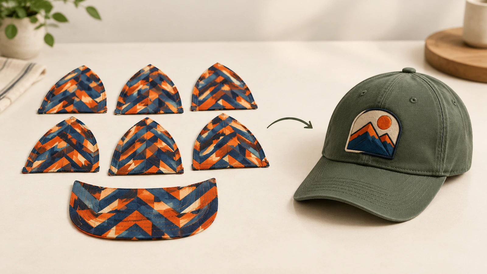 Flat polyester cap panels printed before assembly beside a finished cap with a sewn-on sublimated patch