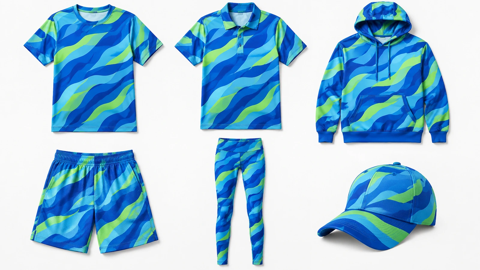 Coordinated sublimation apparel range laid flat: jersey, polo, hoodie, shorts, leggings and cap sharing one abstract color pattern