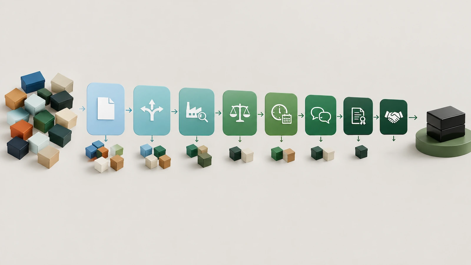 Eight-stage supplier vetting path shown as a horizontal chain of colored blocks connected by arrows, narrowing from many candidate boxes to a single approved box