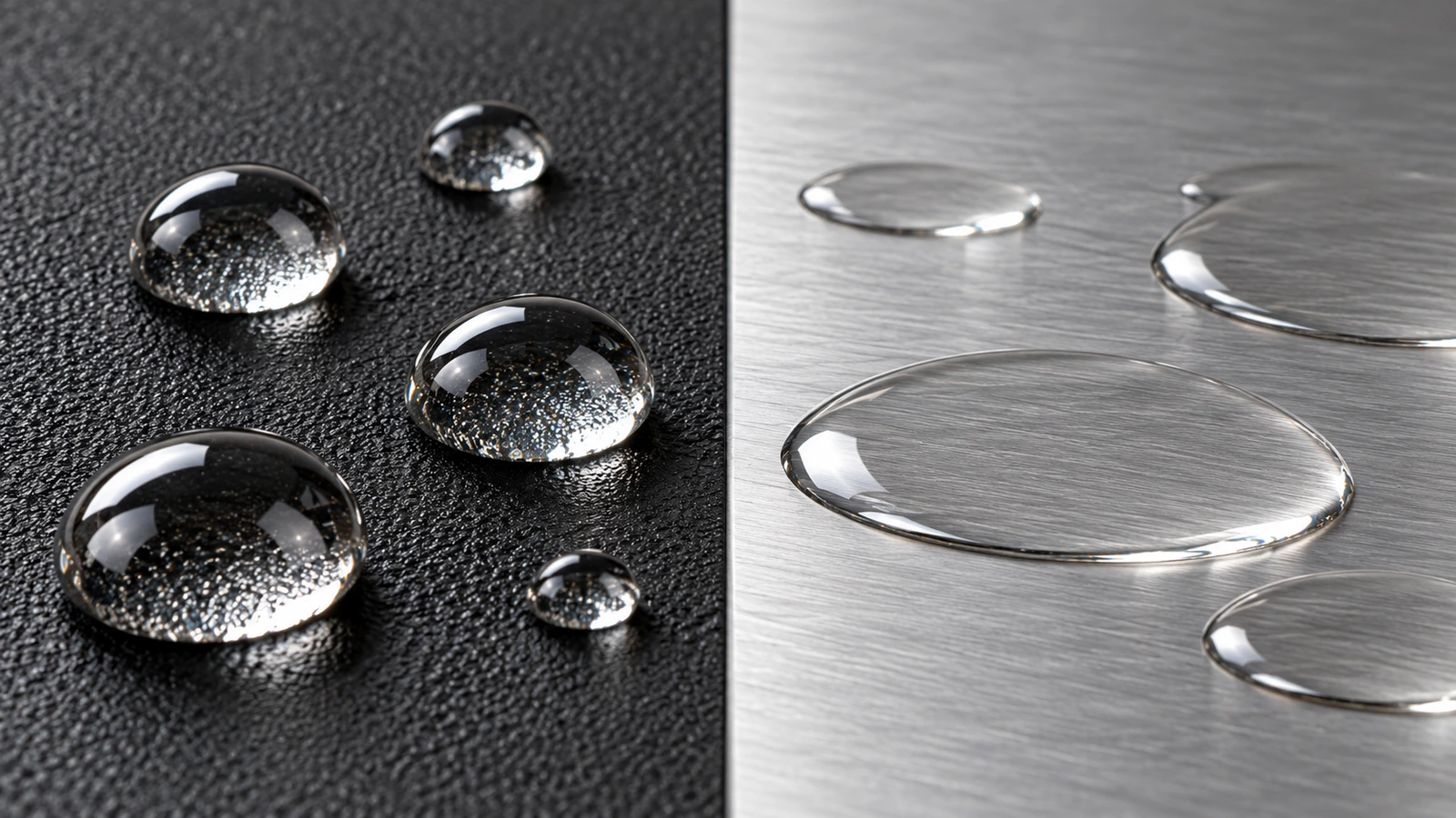 Water droplets beading tightly on a textured plastic surface and spreading flat on brushed metal, illustrating low versus high surface energy