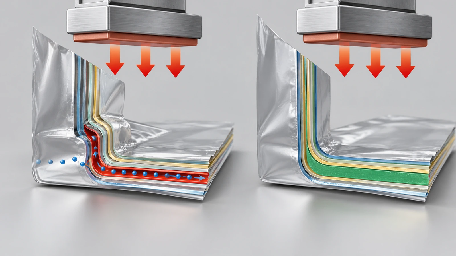 Diagram of the T-junction where the vertical back seal crosses the bottom seal, showing a taller ply step for a folded fin seal than for a lap seal
