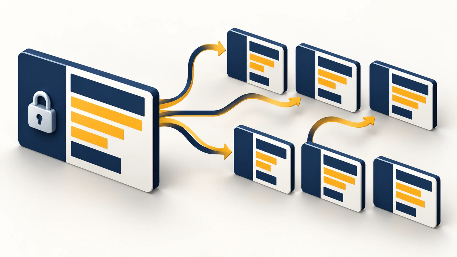 Diagram of a master business card template branching into consistent individual team cards, with locked layout zones and variable fields shown in different colors