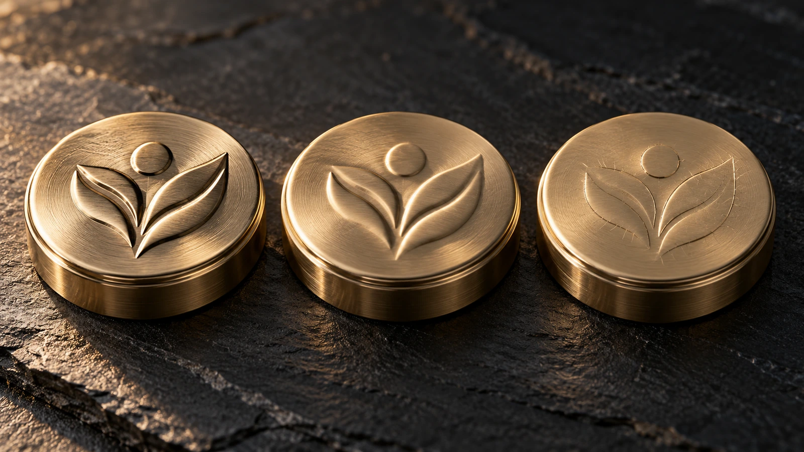 Three metal tin lids with the same embossed motif: crisp deep relief on a soft sheet, softened relief on a medium sheet, and shallow relief with stress lines on a hard sheet
