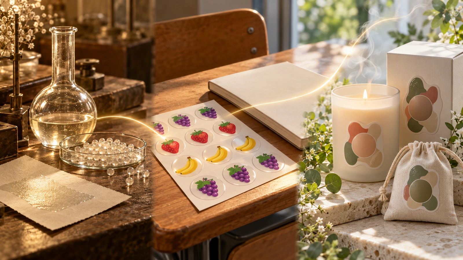 Three-panel still life moving from a vintage laboratory paper sample to a 1980s style fruit sticker sheet to a modern branded candle box with a circular scent zone
