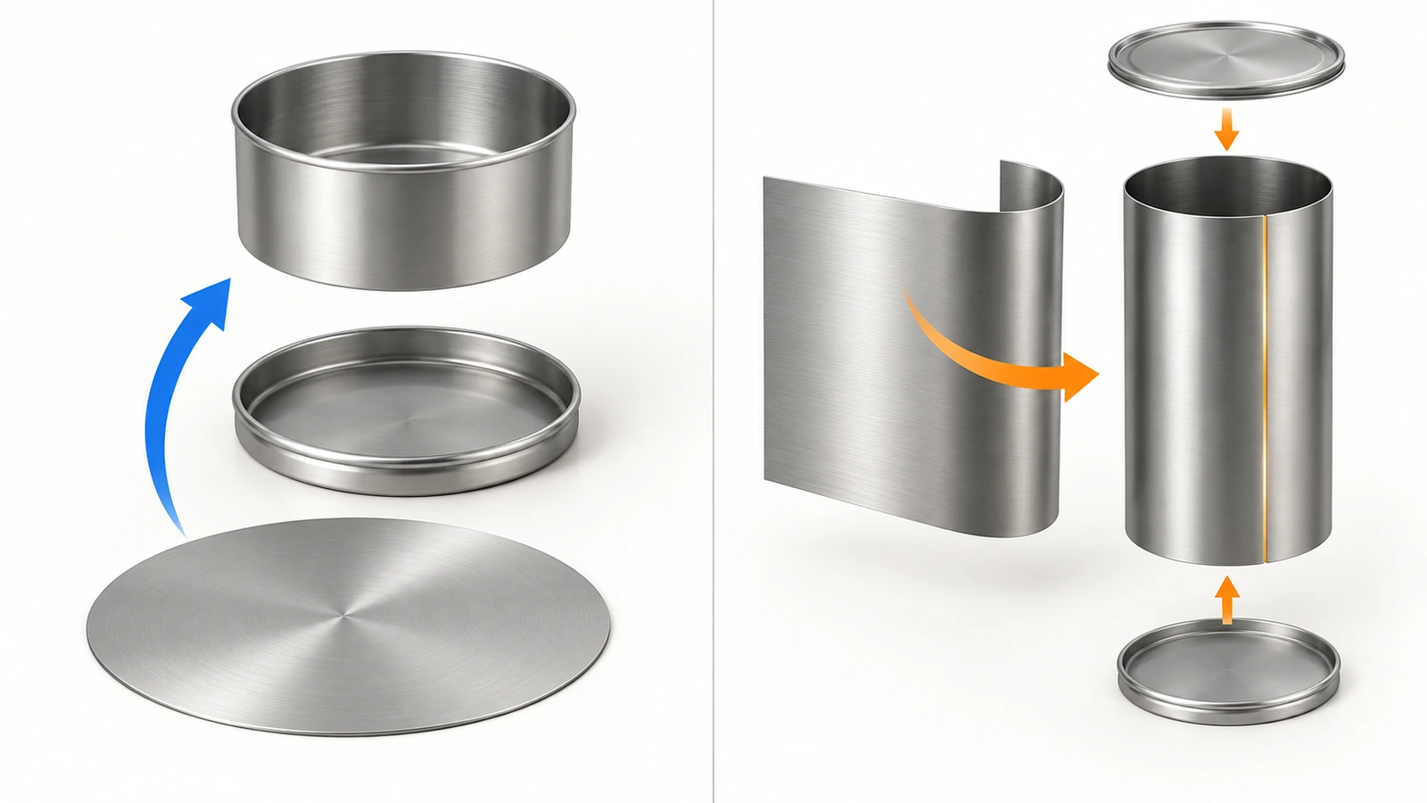 Exploded view comparing a seamless two-piece drawn tin with a three-piece tin made of a rolled body, side seam and two separate ends