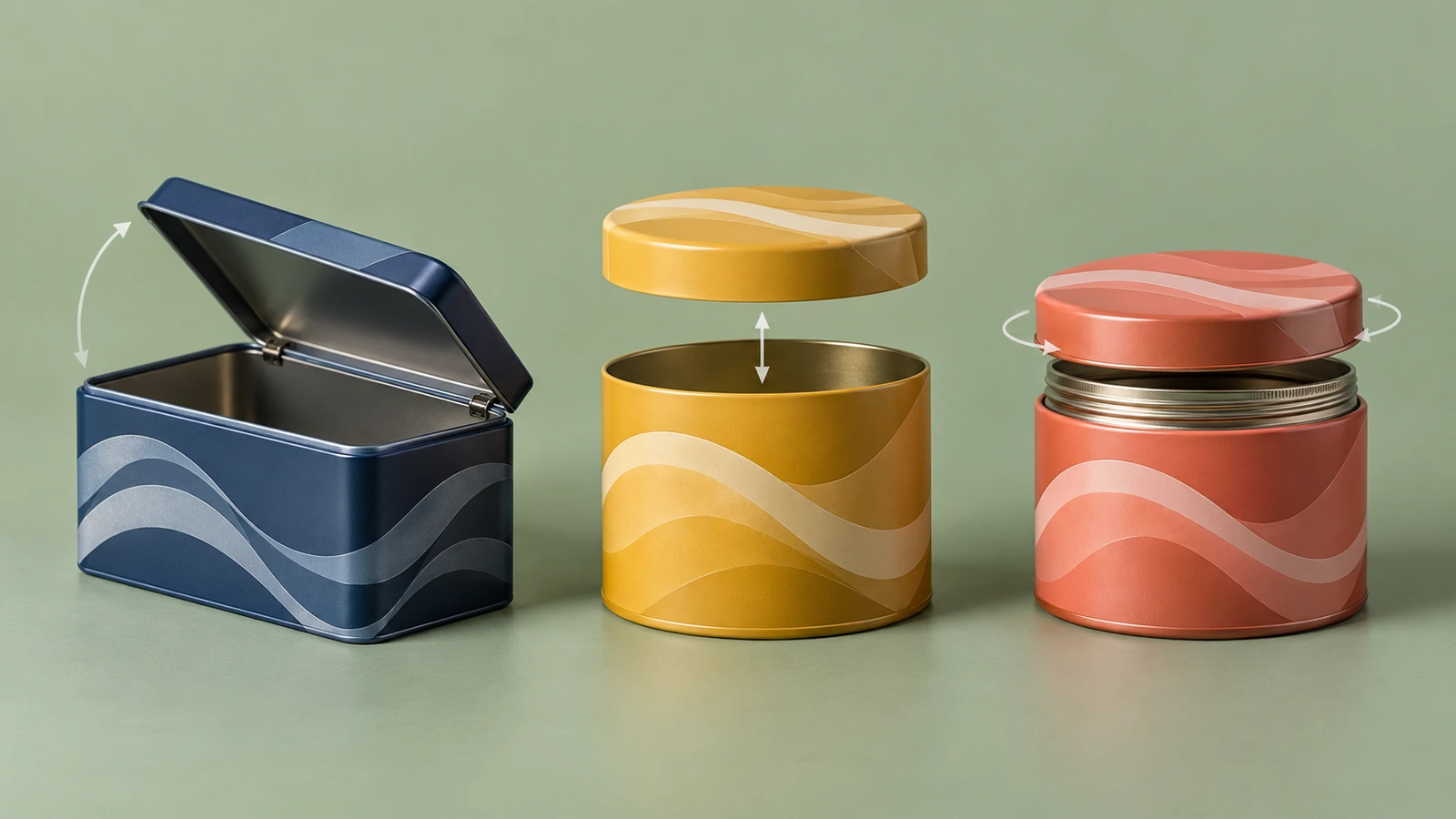 Three tins showing closure motions: a hinged lid swinging open, a slip lid lifting straight up and a screw-top lid rotating on its threads