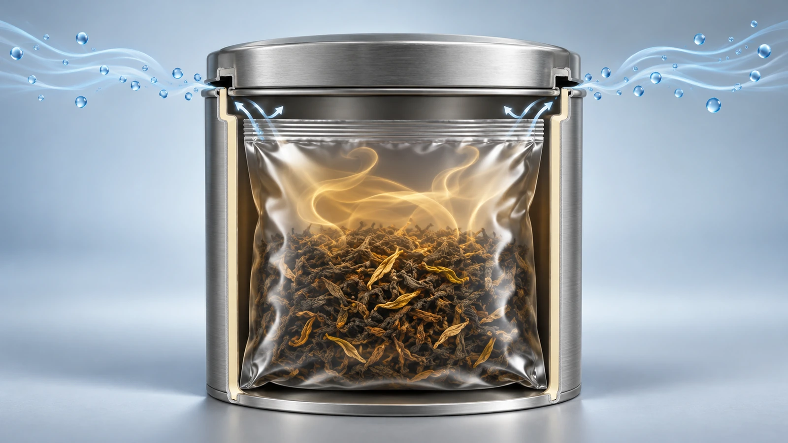 Cut-away view of a tin holding a sealed inner pouch, with moisture droplets gathering at the lid gap and stopped by the pouch wall