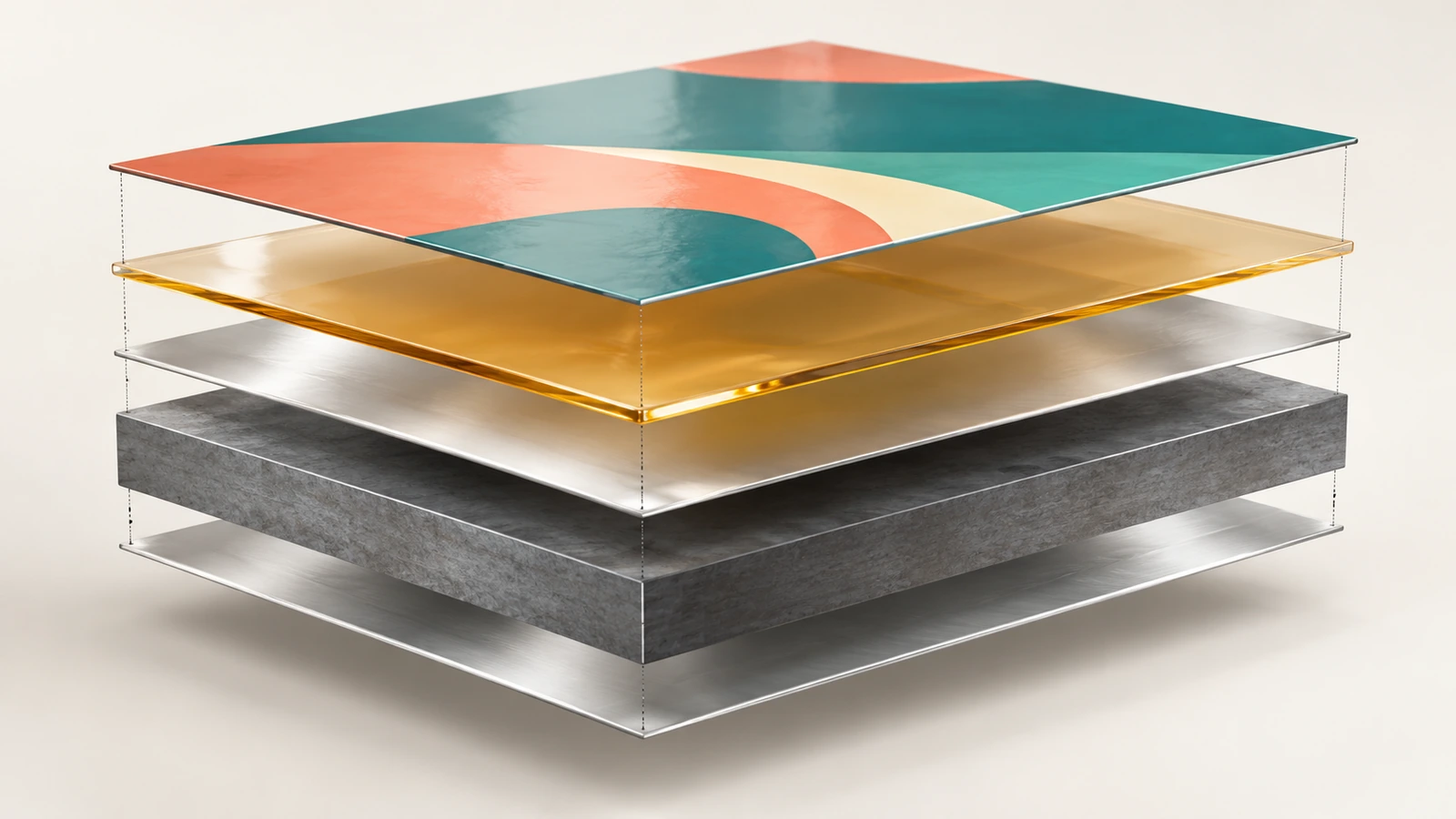 Exploded cross-section of electrolytic tinplate showing a thick grey steel core, thin silver tin layers on both sides, and translucent lacquer and print layers on top