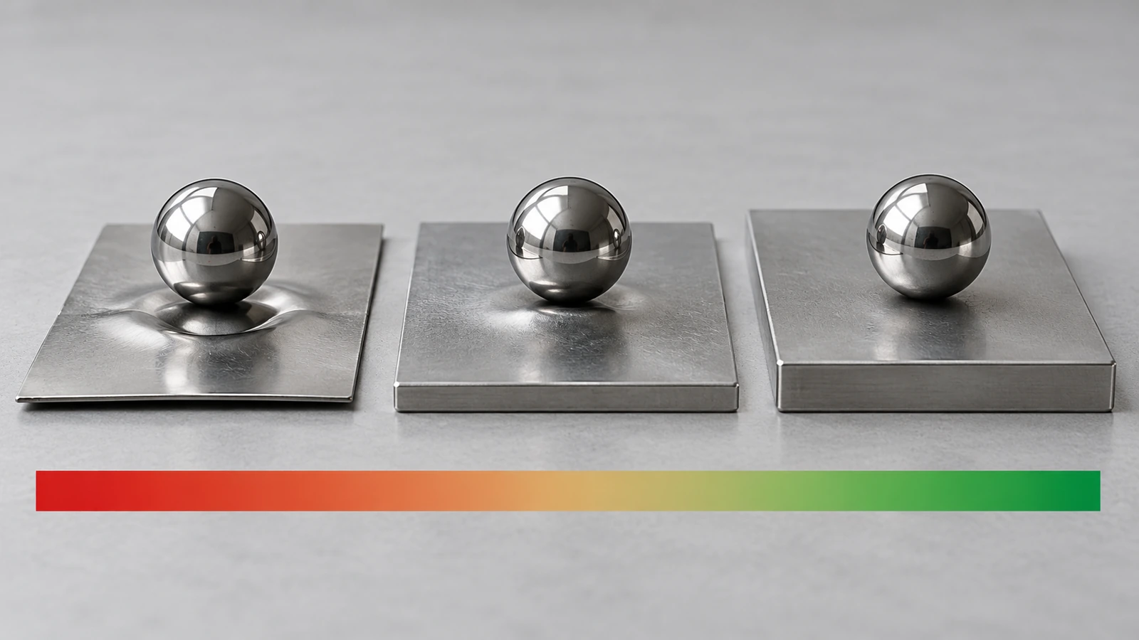 Three tinplate strips of increasing thickness side by side, each under an identical steel ball, with the thinnest strip showing the deepest dent