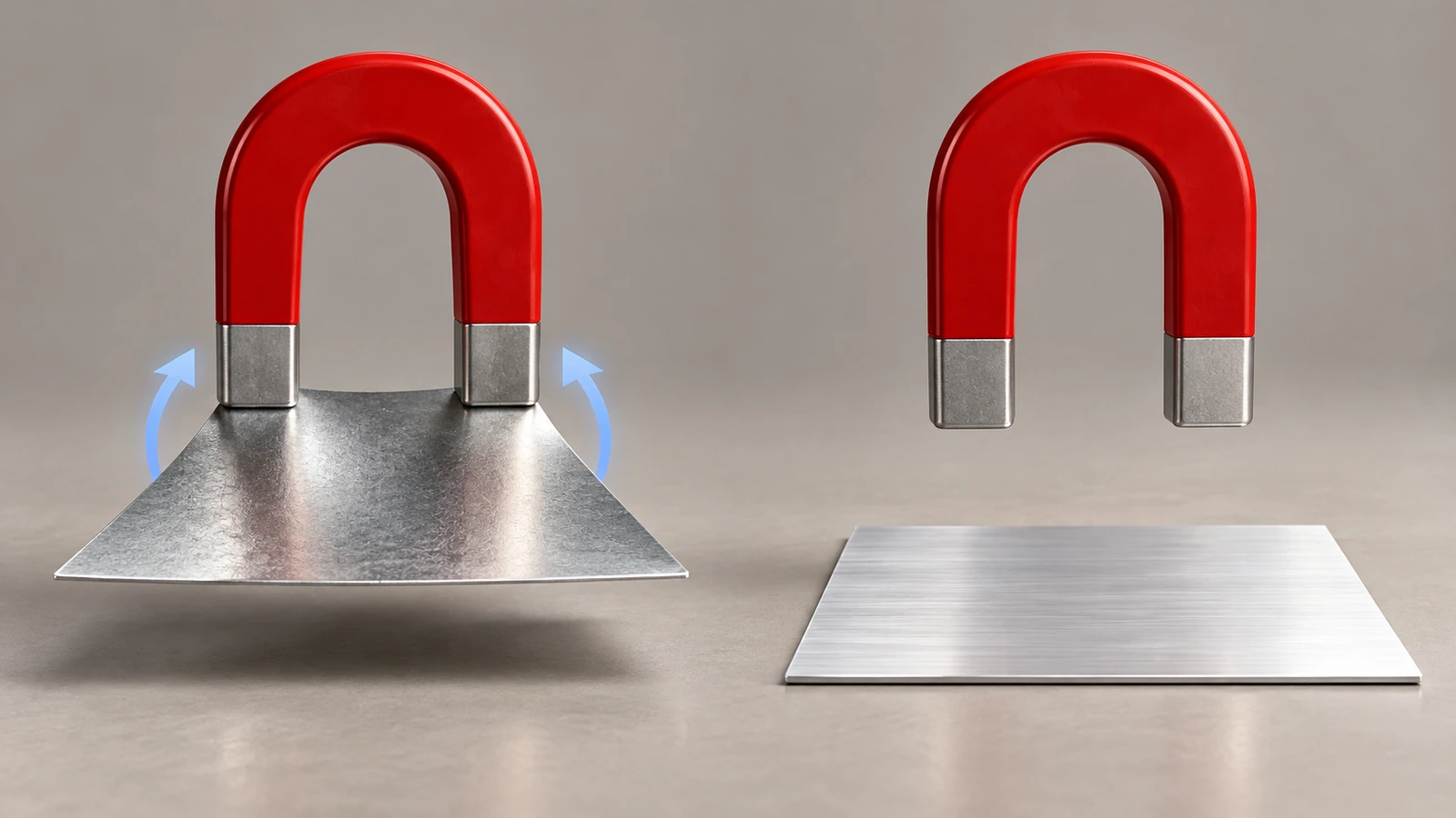A silver tinplate sheet held by a horseshoe magnet beside an aluminum sheet that the magnet does not attract, on a neutral studio background
