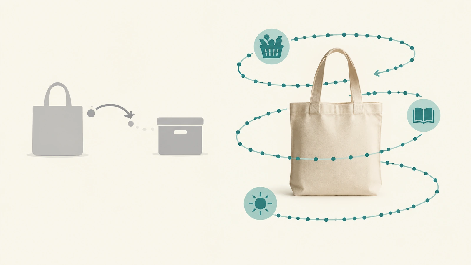 Diagram contrasting a light tote with a short loop of reuse cycles and a heavy canvas tote with a long chain of reuse cycles