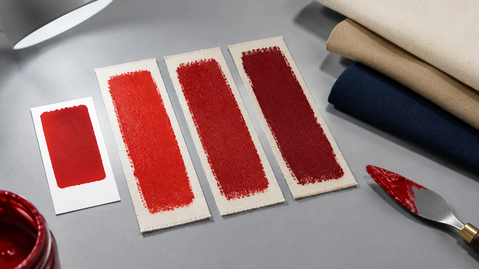Ink drawdown swatches on canvas strips laid beside colored tote fabric under a neutral daylight lamp for color matching