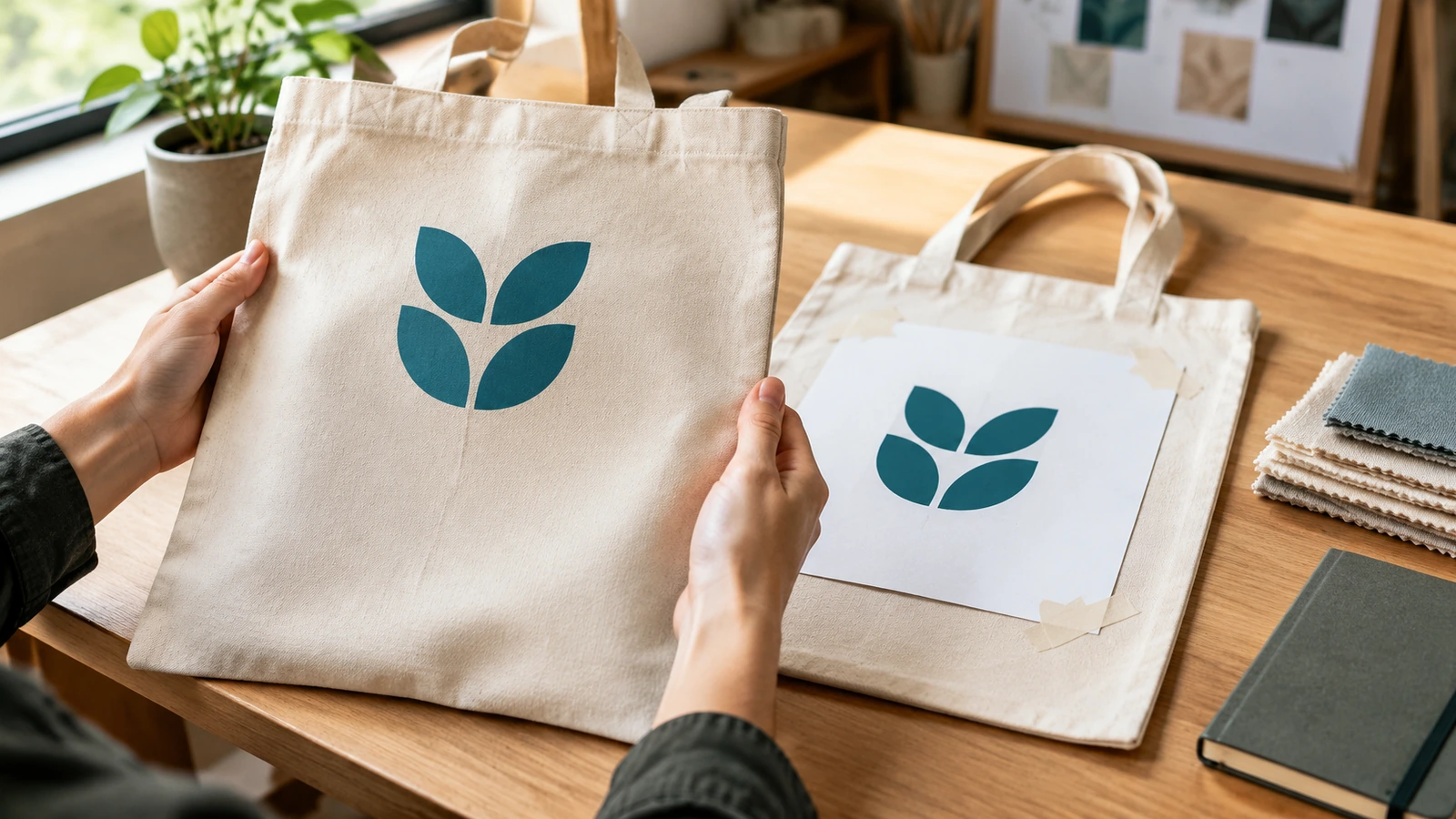 Hands holding a printed sample tote beside a paper artwork mockup on a worktable, comparing print position and color in daylight