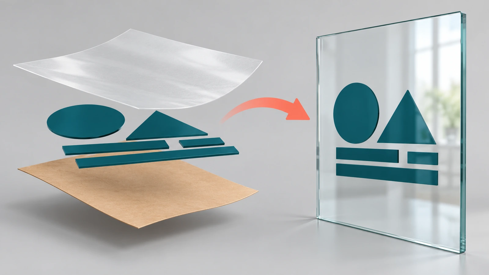 Exploded diagram of a transfer decal showing release liner, separate cut vinyl shapes, and application tape, with an arrow moving the shapes onto a glass pane