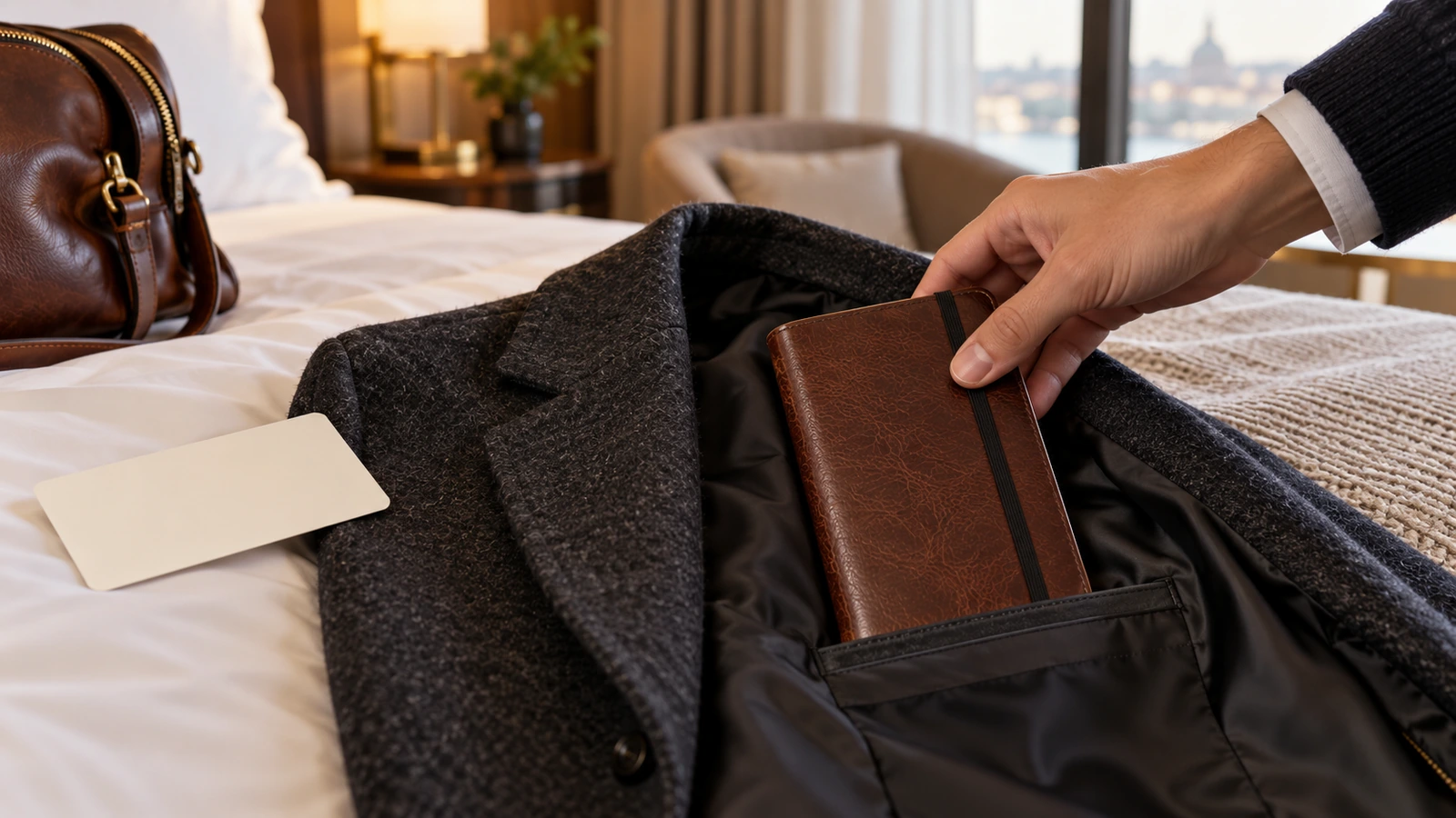 Leather travel journal sliding into a jacket inner pocket next to a boarding-pass-sized blank card, showing a carry-friendly format