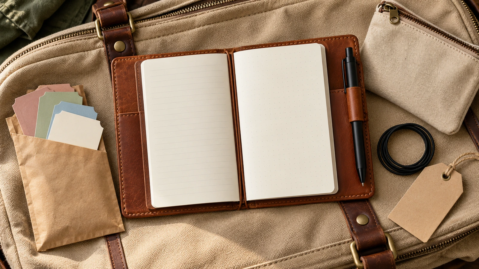 Flat lay of a leather travel journal with two slim inserts, a kraft pouch, a ballpoint pen in the loop and a spare elastic band on a canvas travel bag