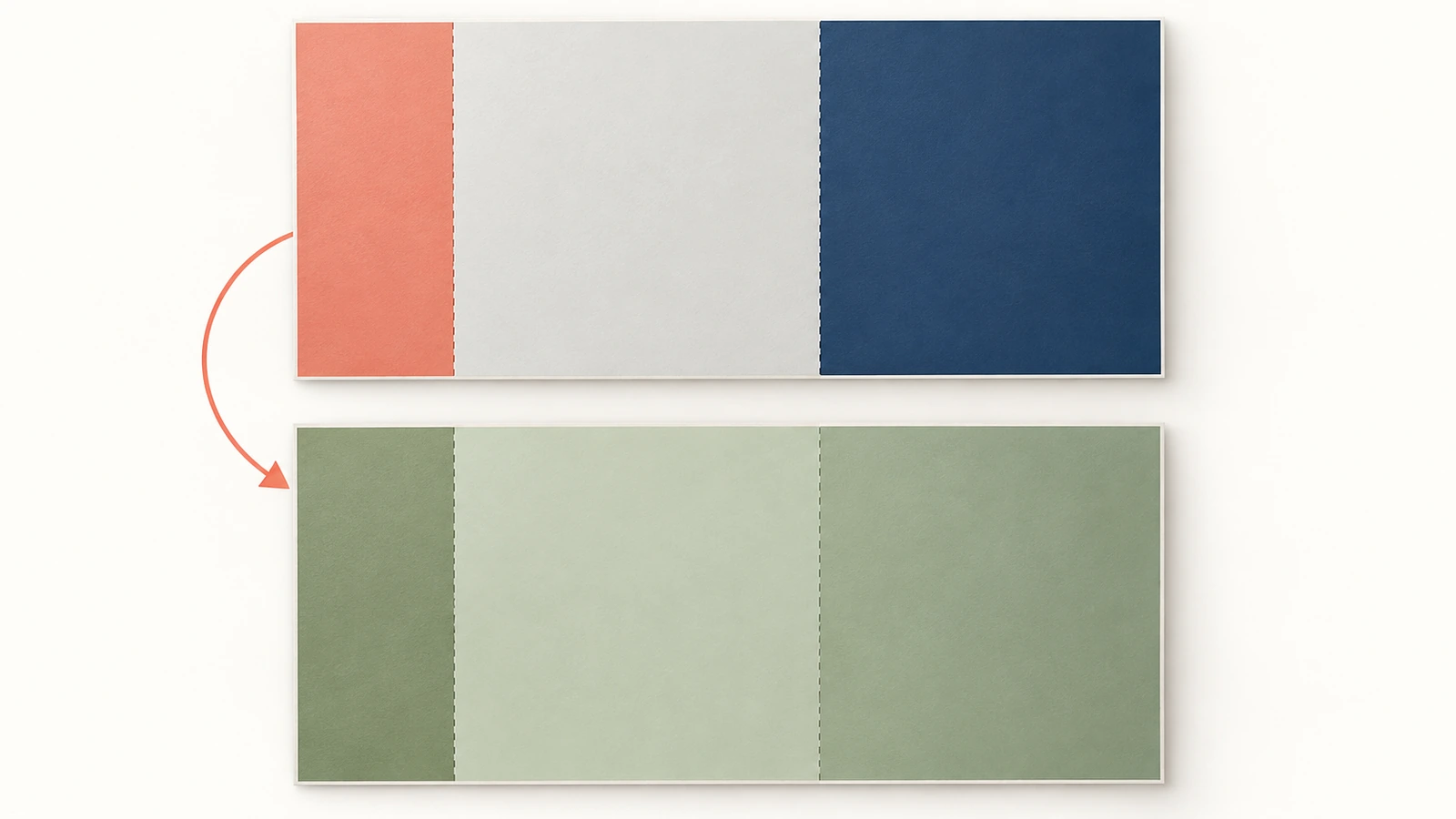A flat tri-fold brochure sheet shown on both sides, divided into three columns per side, with the narrower fold-in panel highlighted in a different color