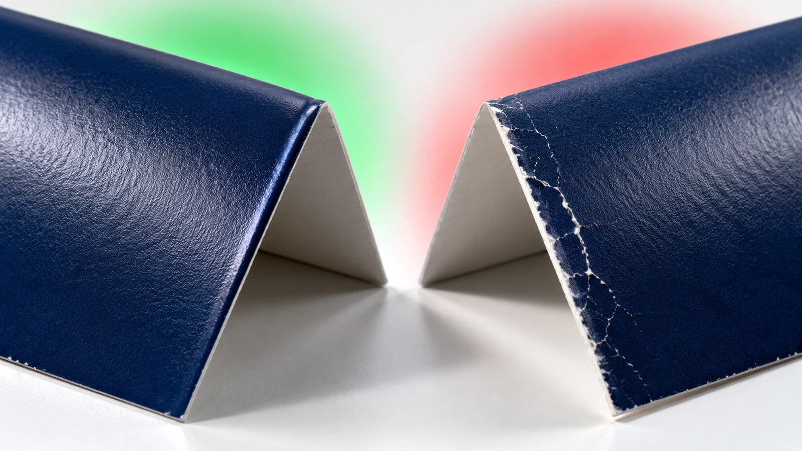 Macro close-up of a cleanly scored tri-fold brochure crease beside a cracked, unscored fold, showing the difference in ink surface along the fold line