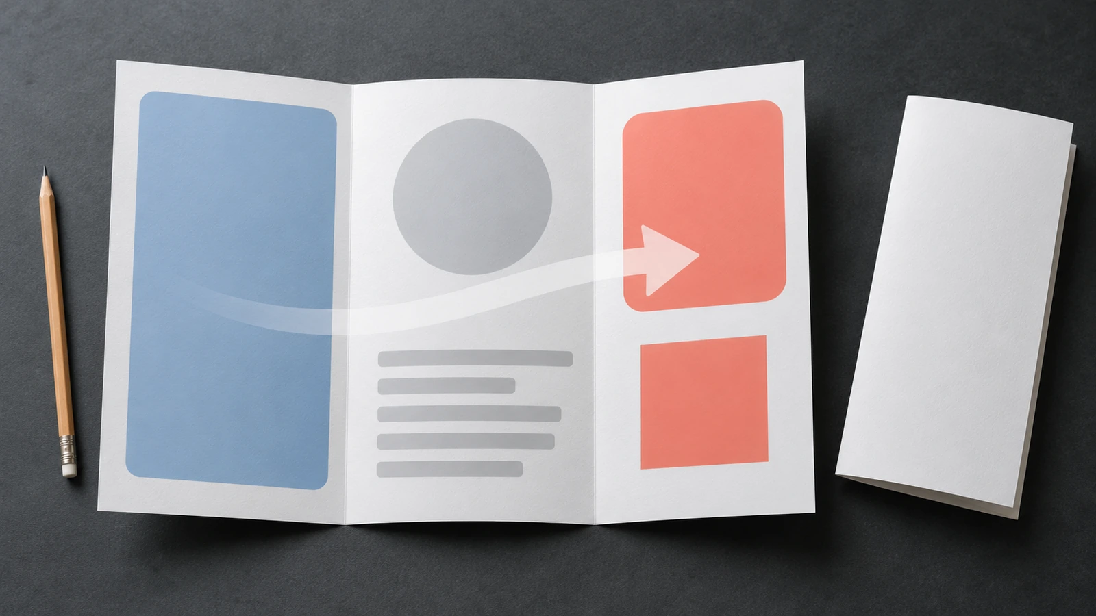 An opened tri-fold brochure on a desk with color blocks marking the hook, main story, and call-to-action zones, and an arrow guiding the eye from left to right