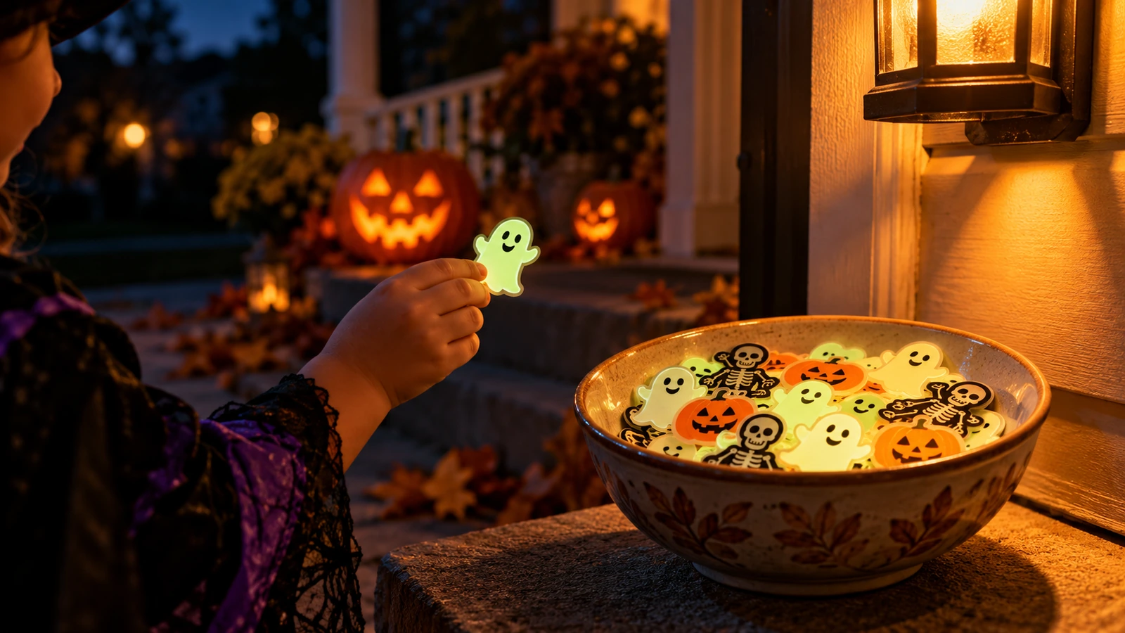 A porch treat bowl of glow stickers under a warm porch light, with a child's hand holding a glowing ghost sticker