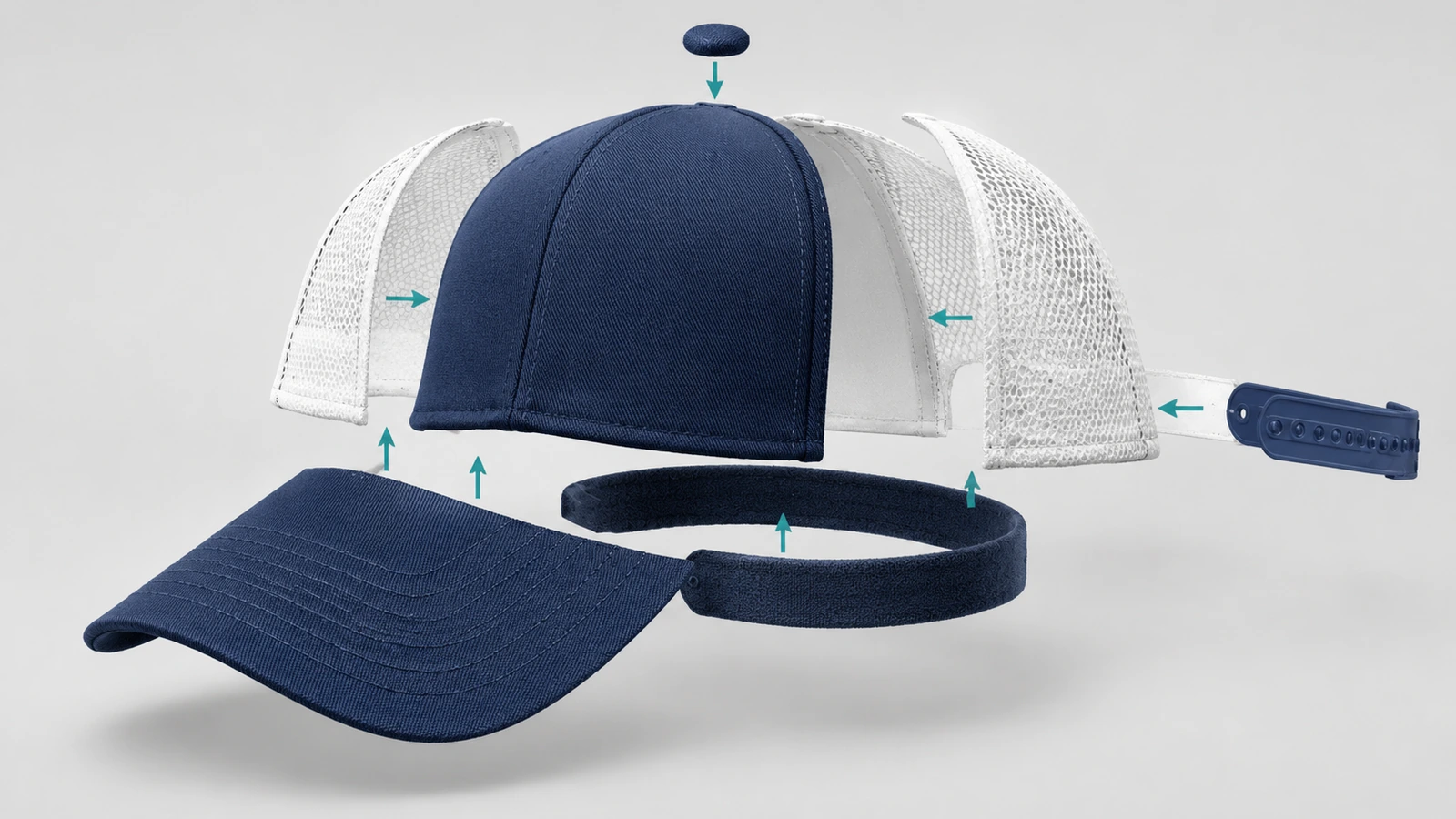 Exploded view of a high quality custom trucker hat showing front panel, mesh back panels, brim, sweatband and snap closure as separate parts