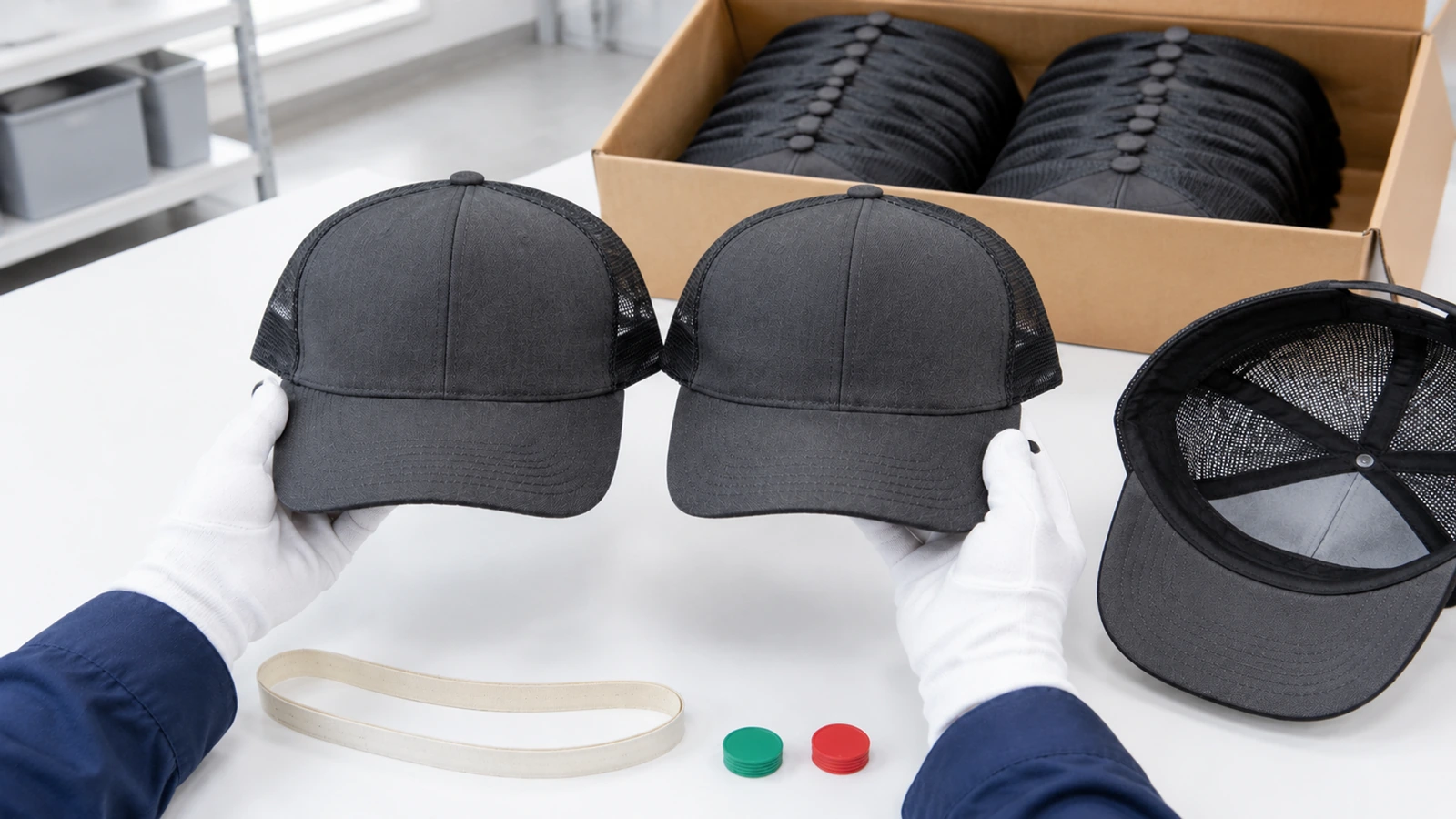 Inspector comparing a bulk-lot trucker hat against a sealed golden sample on a daylight-lit inspection table