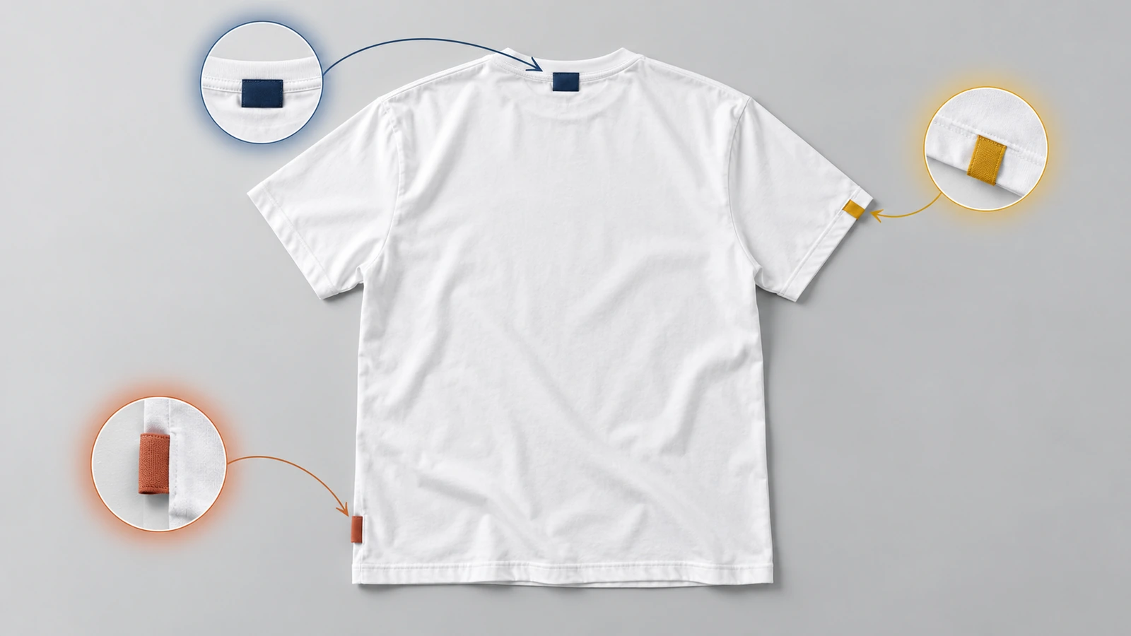 Back view of a flat-laid T-shirt with colored markers at the center back neck, left side hem and sleeve hem, showing the three woven label positions