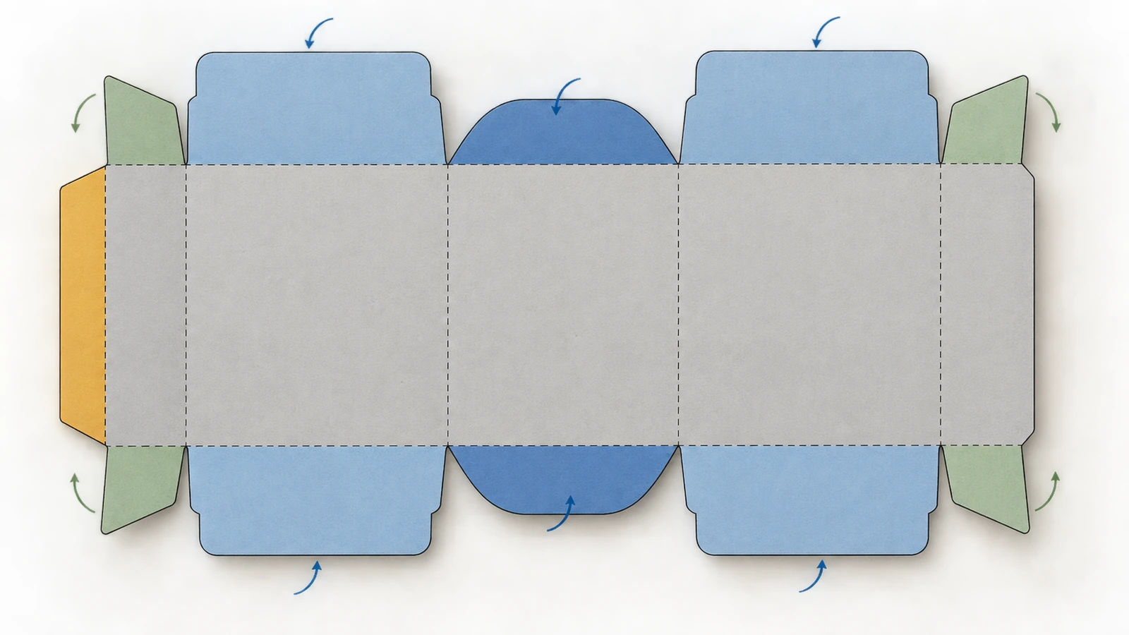 Flat die-cut tuck box blank showing four main panels, a glue flap, top and bottom closure panels with tuck flaps, and side dust flaps, with arrows indicating fold direction
