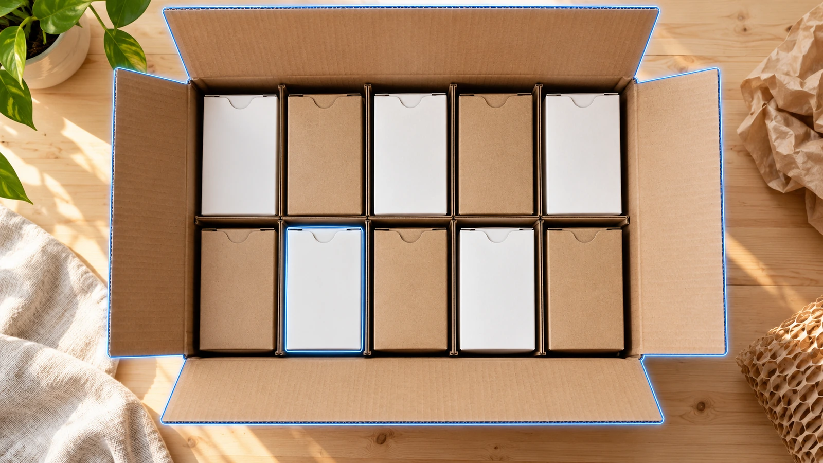 Retail tuck-end cartons packed upright inside an open corrugated outer shipper, showing the retail carton and transit box working as one system