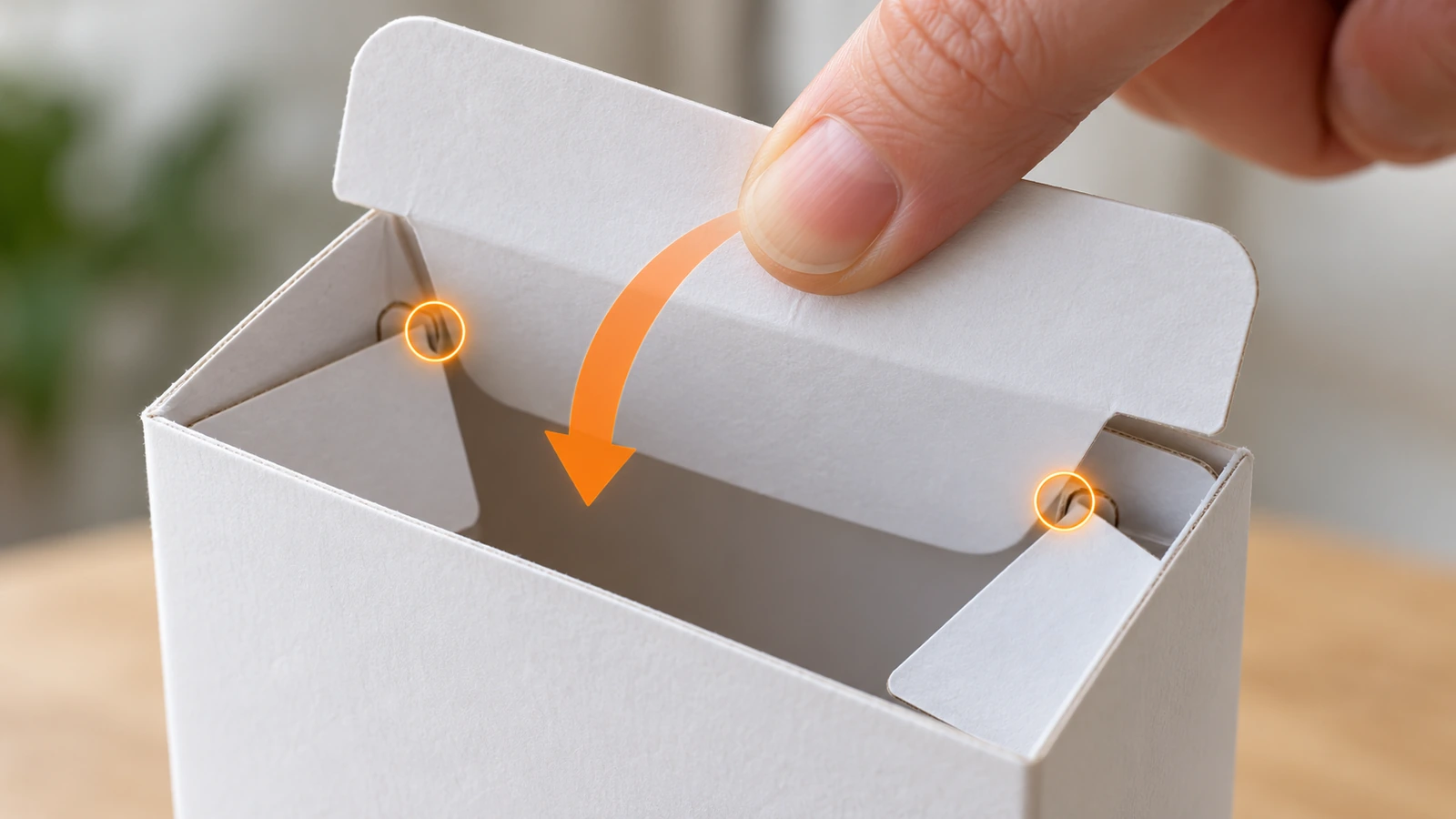 Close-up of a tuck flap sliding past slit-lock shoulders on folded dust flaps, with arrows showing the insertion path and the friction contact points
