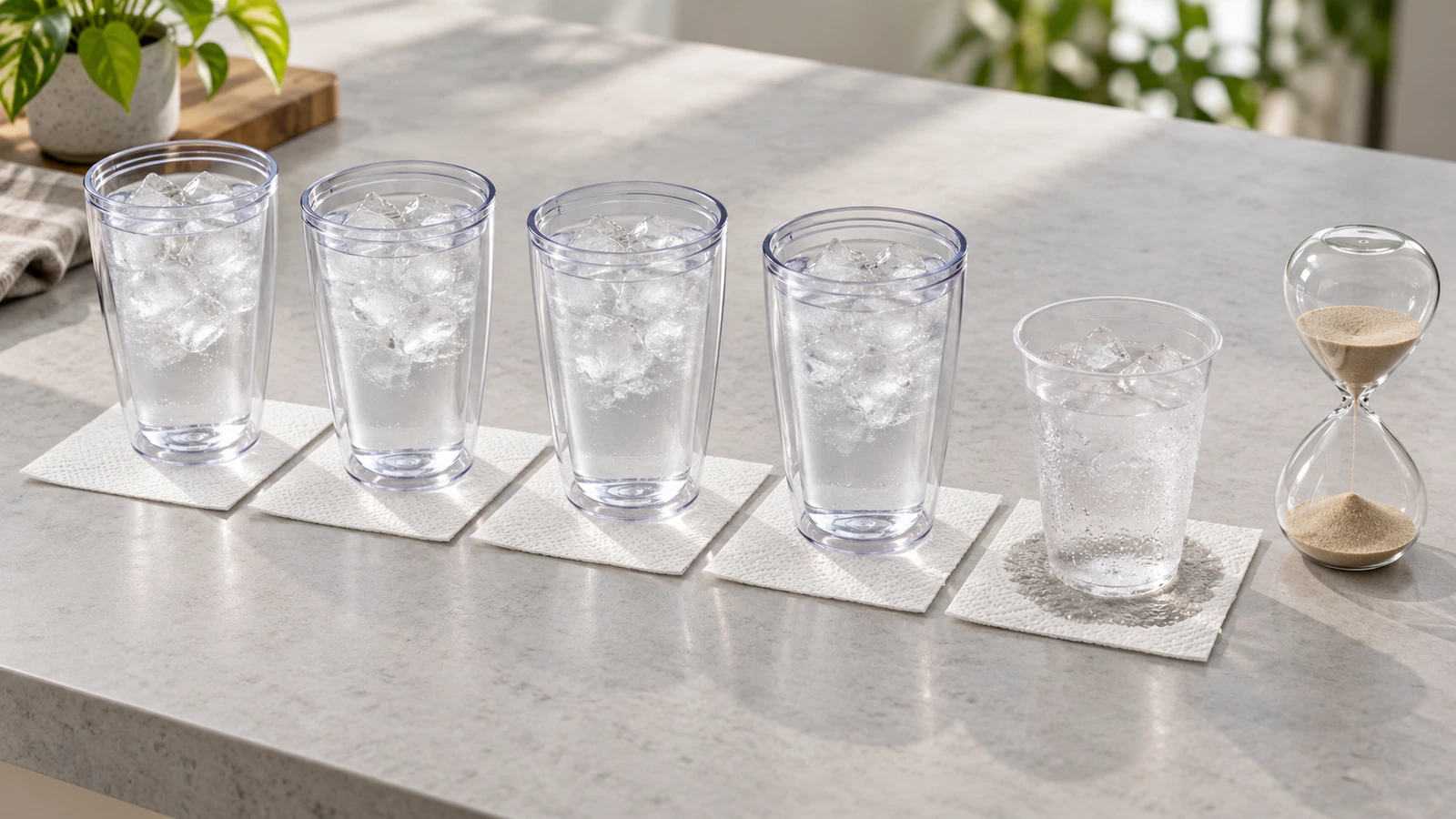 Tabletop test setup with a row of blank double-wall plastic tumblers filled with ice water, a white paper towel under each cup and an hourglass, in soft daylight