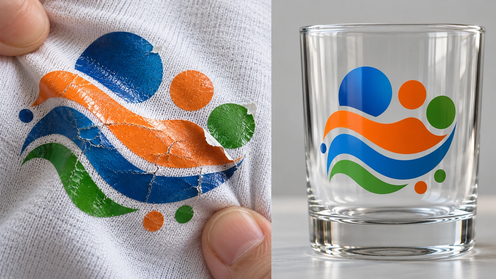 Rigid UV DTF decal cracking and lifting on stretched cotton t-shirt fabric beside an intact UV DTF decal on a smooth glass tumbler