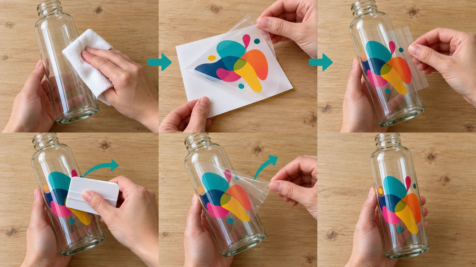 Six-panel sequence of hands cleaning a glass bottle, peeling a backing, positioning a graphic, burnishing with a squeegee and peeling a clear film at a low angle