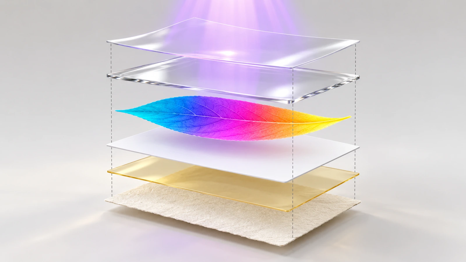 Exploded cross-section of a UV transfer sticker showing backing liner, adhesive, white ink base, color ink, clear varnish and clear transfer film stacked in order