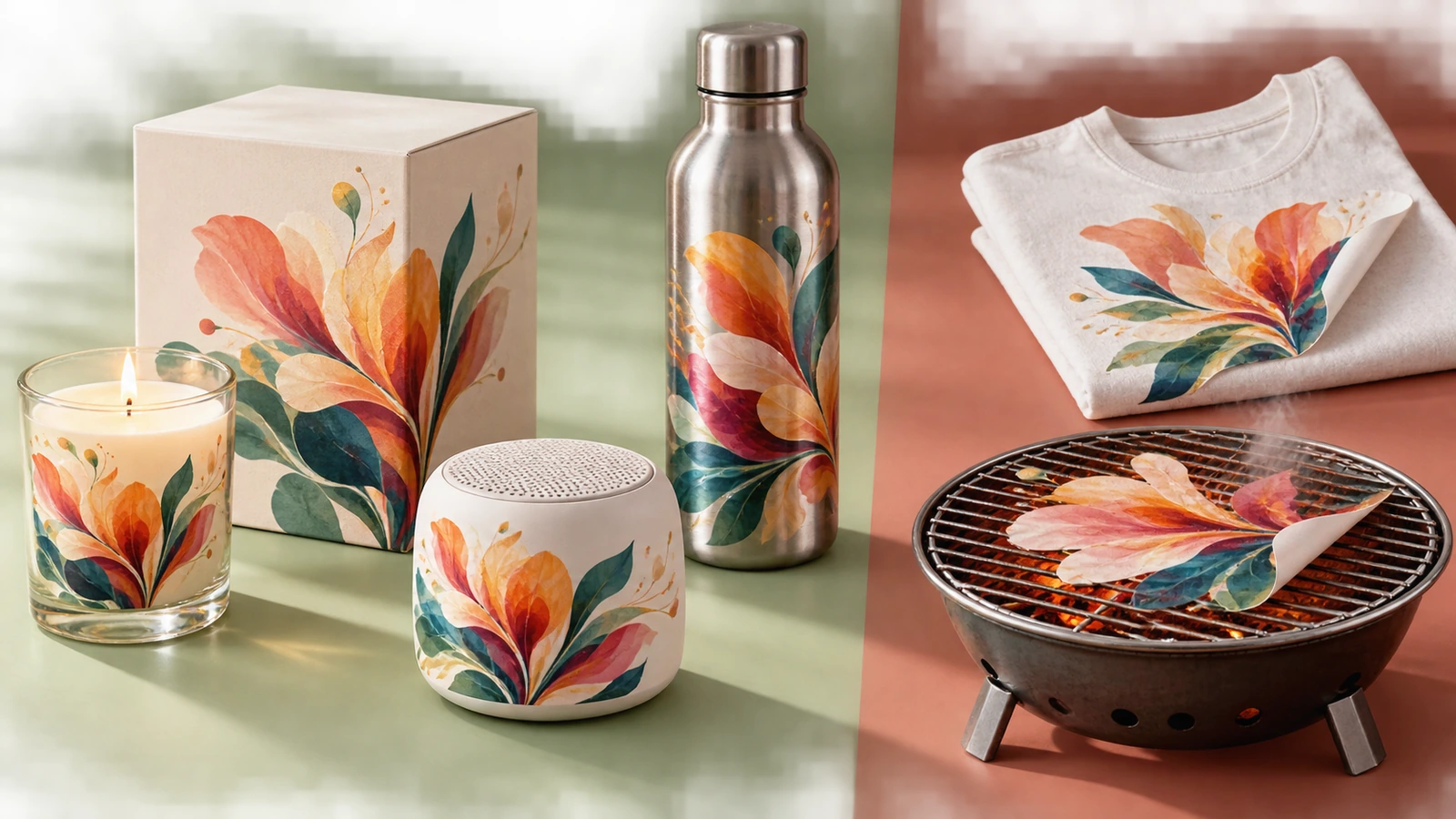 Glass jar, rigid gift box, plastic electronics housing and metal bottle grouped as suitable surfaces, set apart from fabric and a hot grill shown as unsuitable