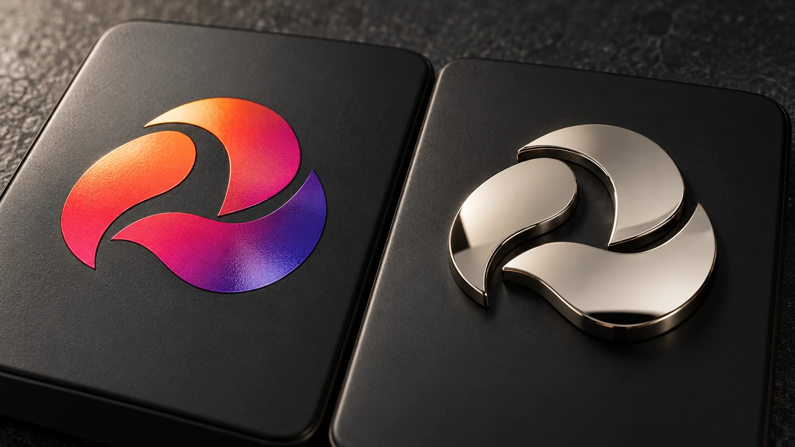 Side-by-side macro of a glossy full-color printed transfer logo and a raised mirror-nickel logo on matching black device housings under the same light