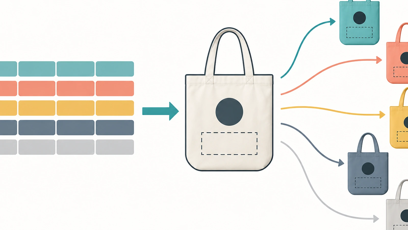 Diagram of a spreadsheet grid of colored rows flowing through arrows into a template and out to individual tote bags