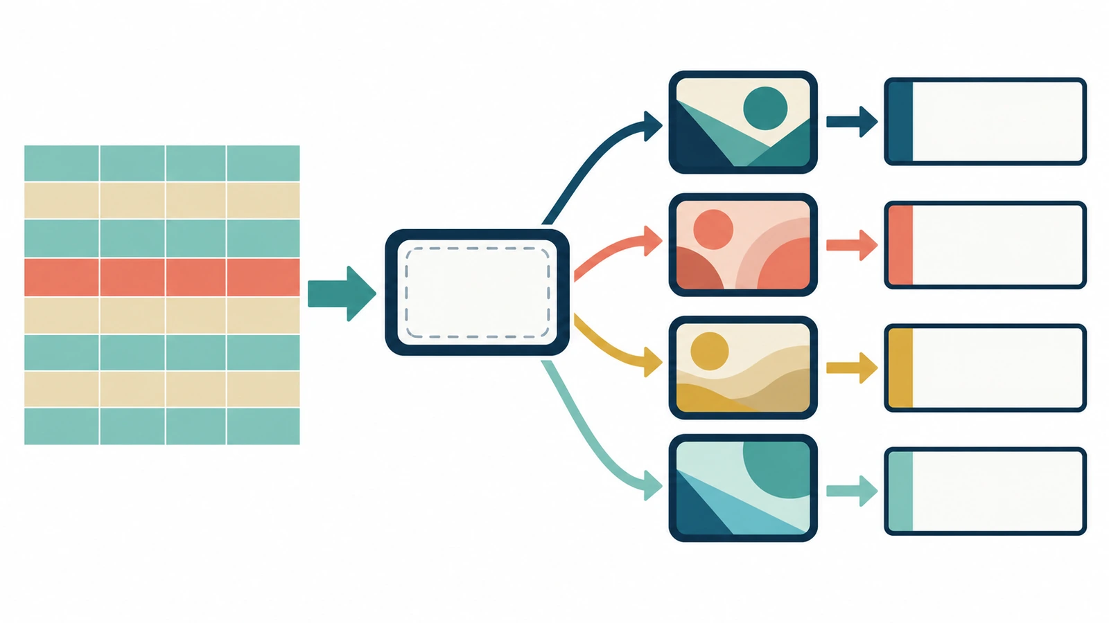 Flow diagram showing a data grid feeding a magnet template, branching into distinct printed versions and then into sorted shipment boxes