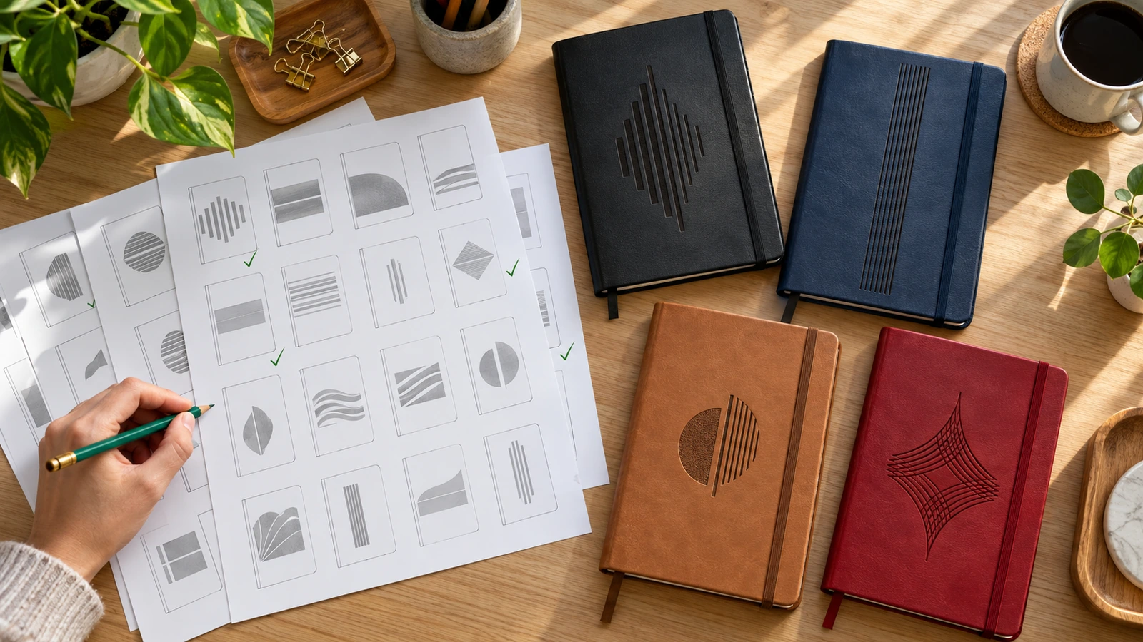 Proof sheets for a personalised leather notebook run laid beside test journals in different cover colours for comparison