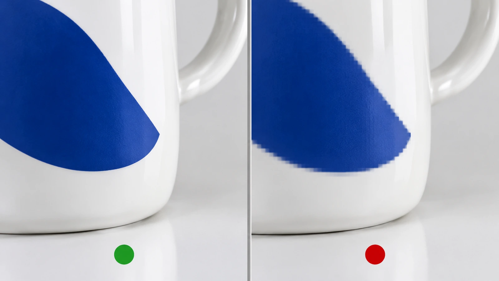 Side-by-side close-up of a crisp vector logo edge and a pixelated raster edge on a white glazed ceramic mug