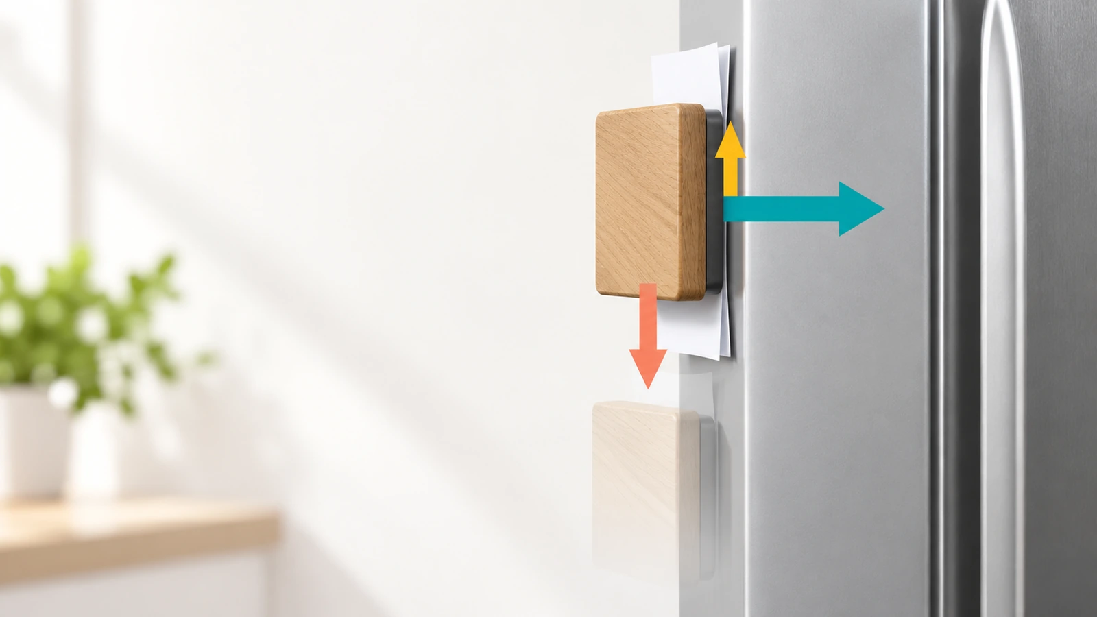 Diagram of a wooden magnet on a vertical steel door with arrows showing magnetic clamping force, downward weight and upward friction