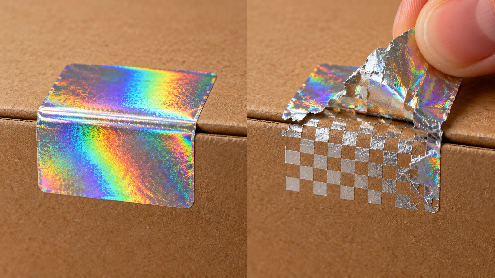 Before-and-after view of a silver hologram seal on a carton: intact label on the left, peeled label leaving a checkerboard residue pattern on the right