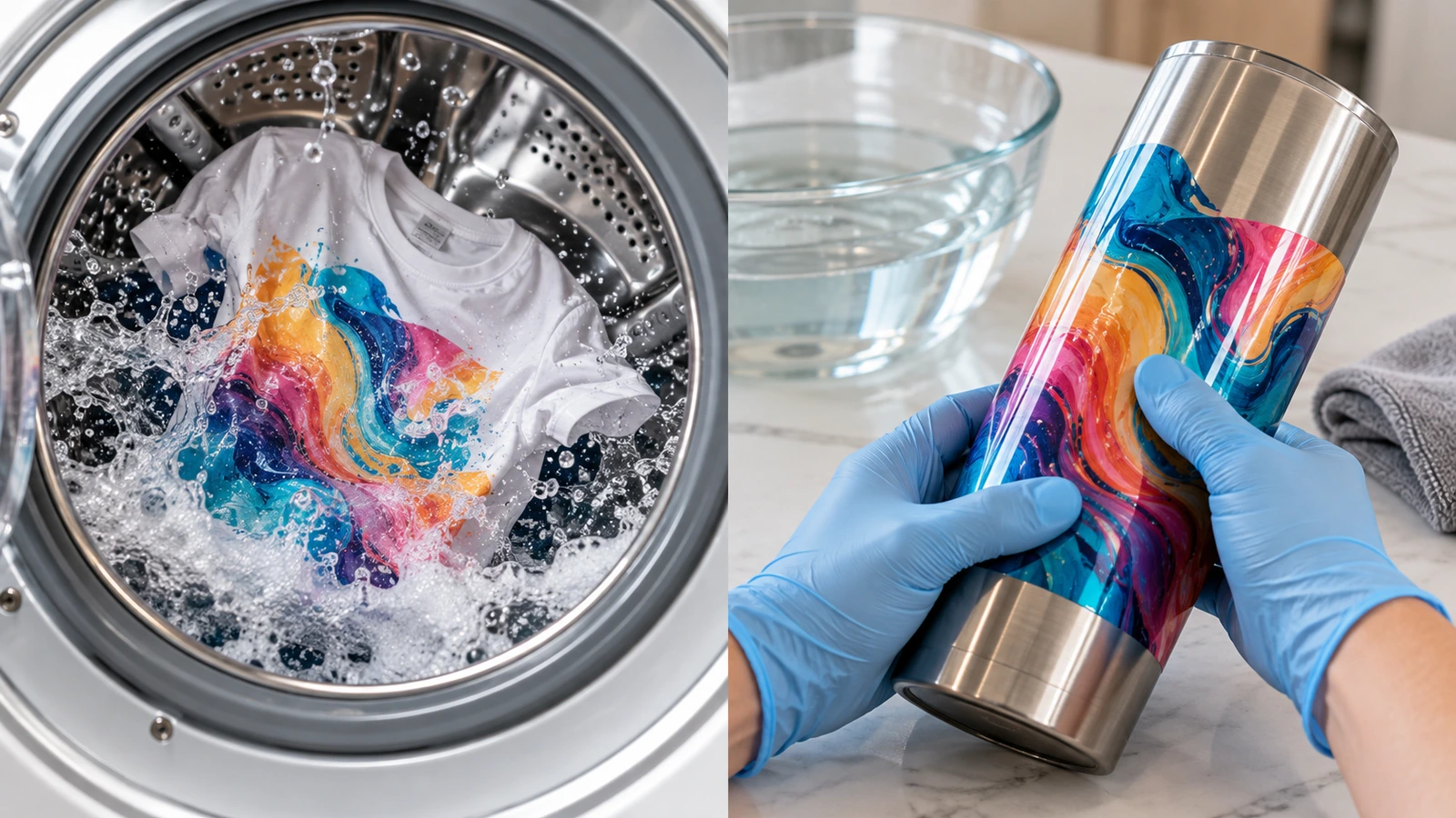 Side-by-side sample testing: a printed sample t-shirt inside a washing machine drum and a gloved hand pressing the edge of a decal on a steel tumbler