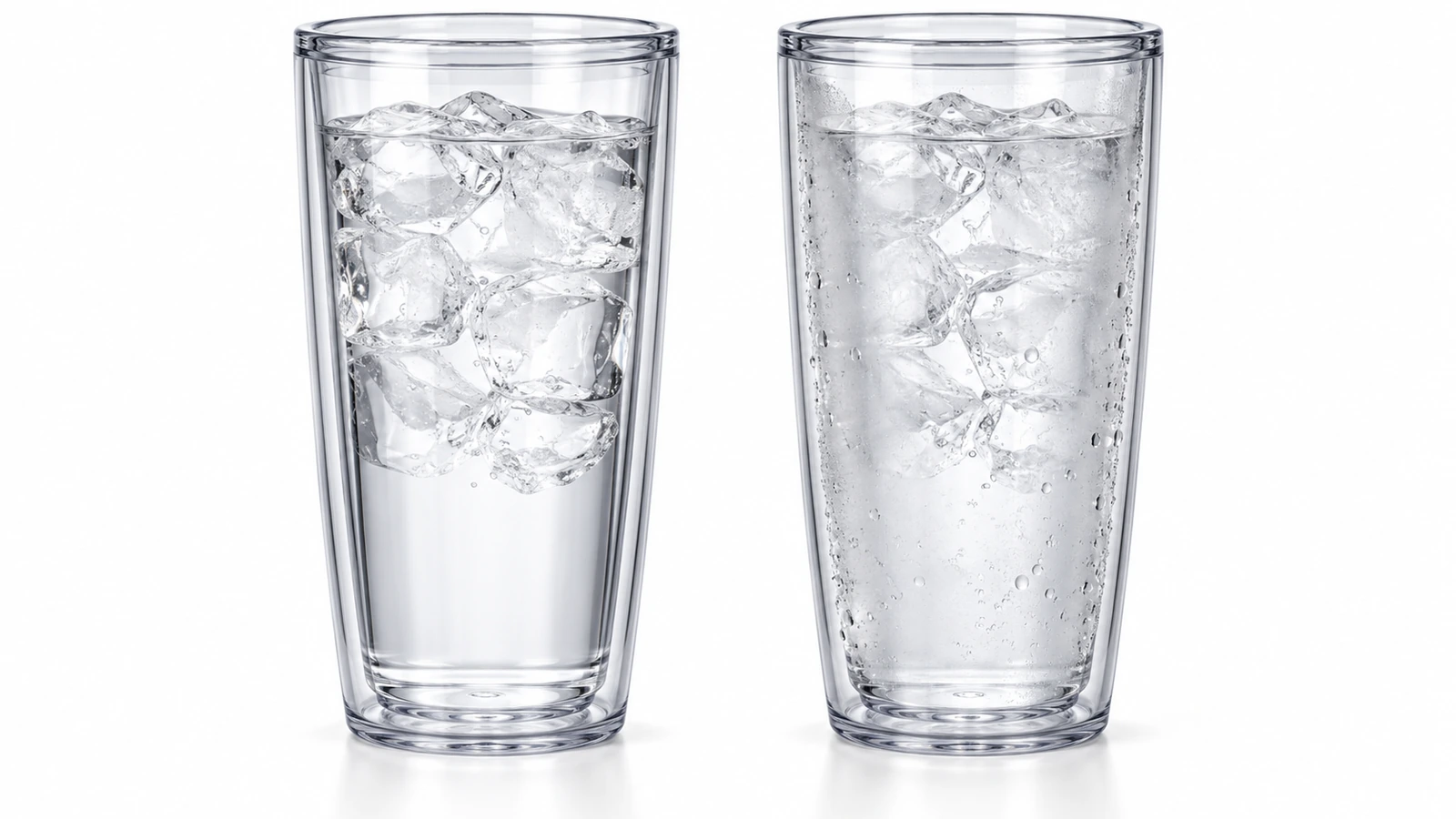 Two clear double-wall tumblers side by side, one perfectly clear and one with a cloudy fogged band and droplets visible between the inner and outer walls