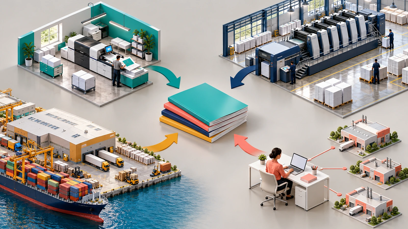 Four types of magazine printing partners, shown as a compact print shop, a large offset press hall, a factory with shipping containers and a central coordinator hub, all connected by arrows to one stack of finished magazines