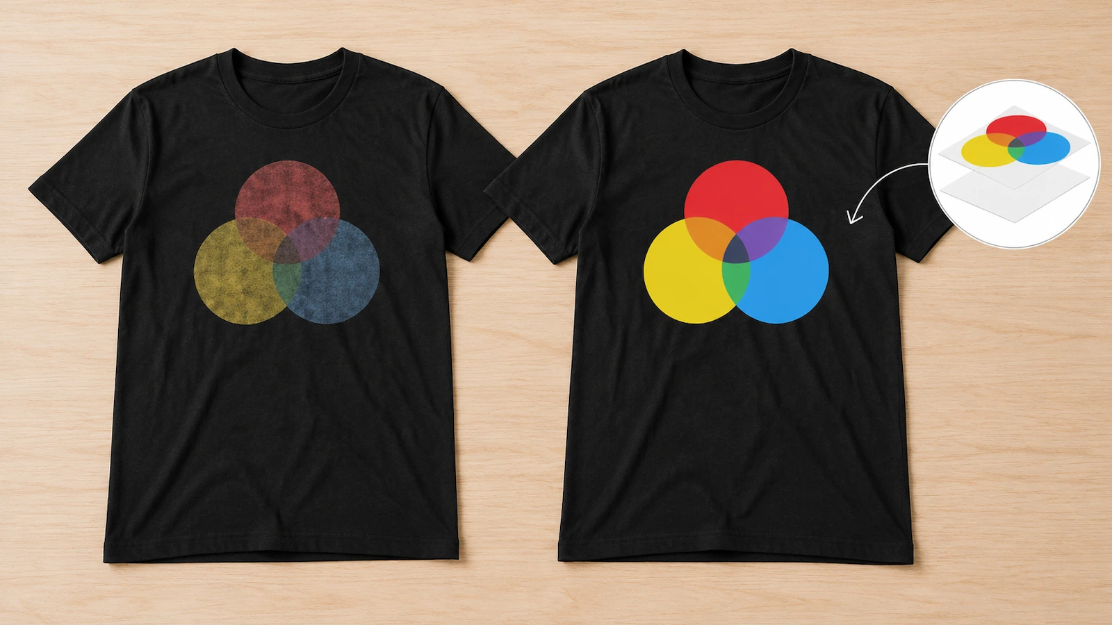 Two identical black t-shirts side by side, one with a dull print without underbase and one with a vivid print layered over a white underbase