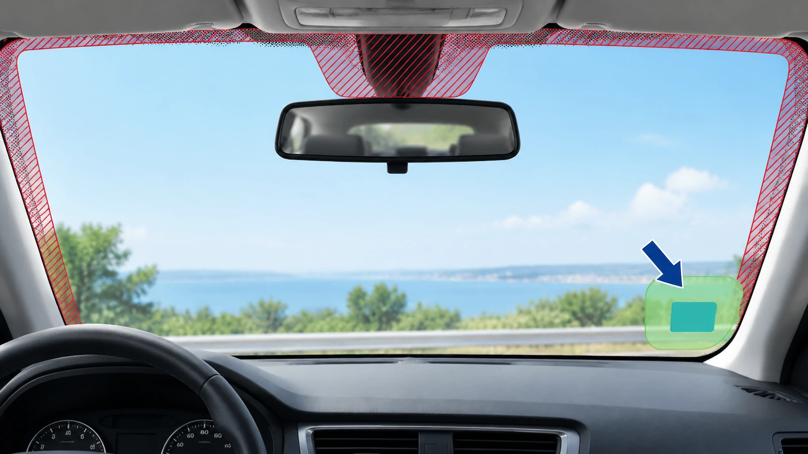 Diagram of a windshield seen from inside the car, with a green target area in a lower corner, red-hatched areas over the sensor zone and the dotted edge band, and an arrow pointing to the approved spot