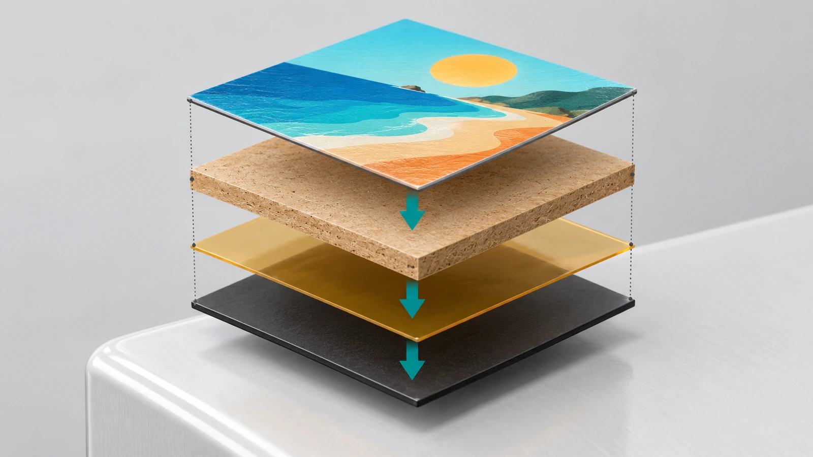 Exploded view of a printed wooden fridge magnet showing the printed face, MDF core, adhesive layer and magnet backing separated by arrows