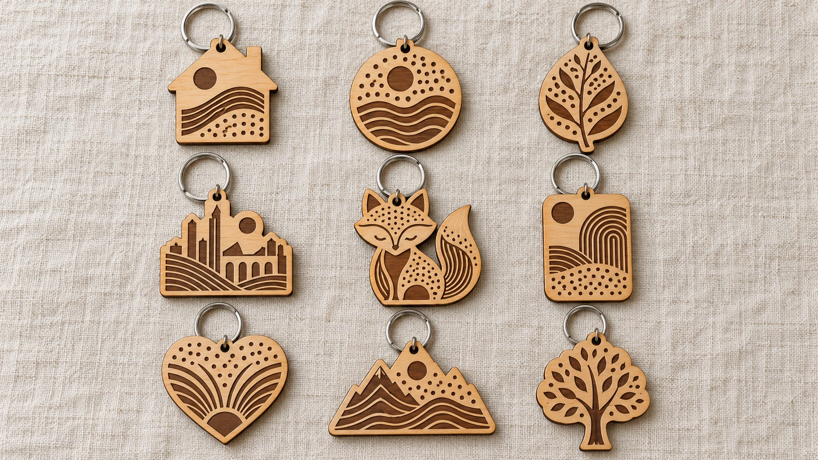 Flat-lay gallery of personalized wooden keychains in house, badge, leaf and landmark shapes with engraved line motifs on light linen